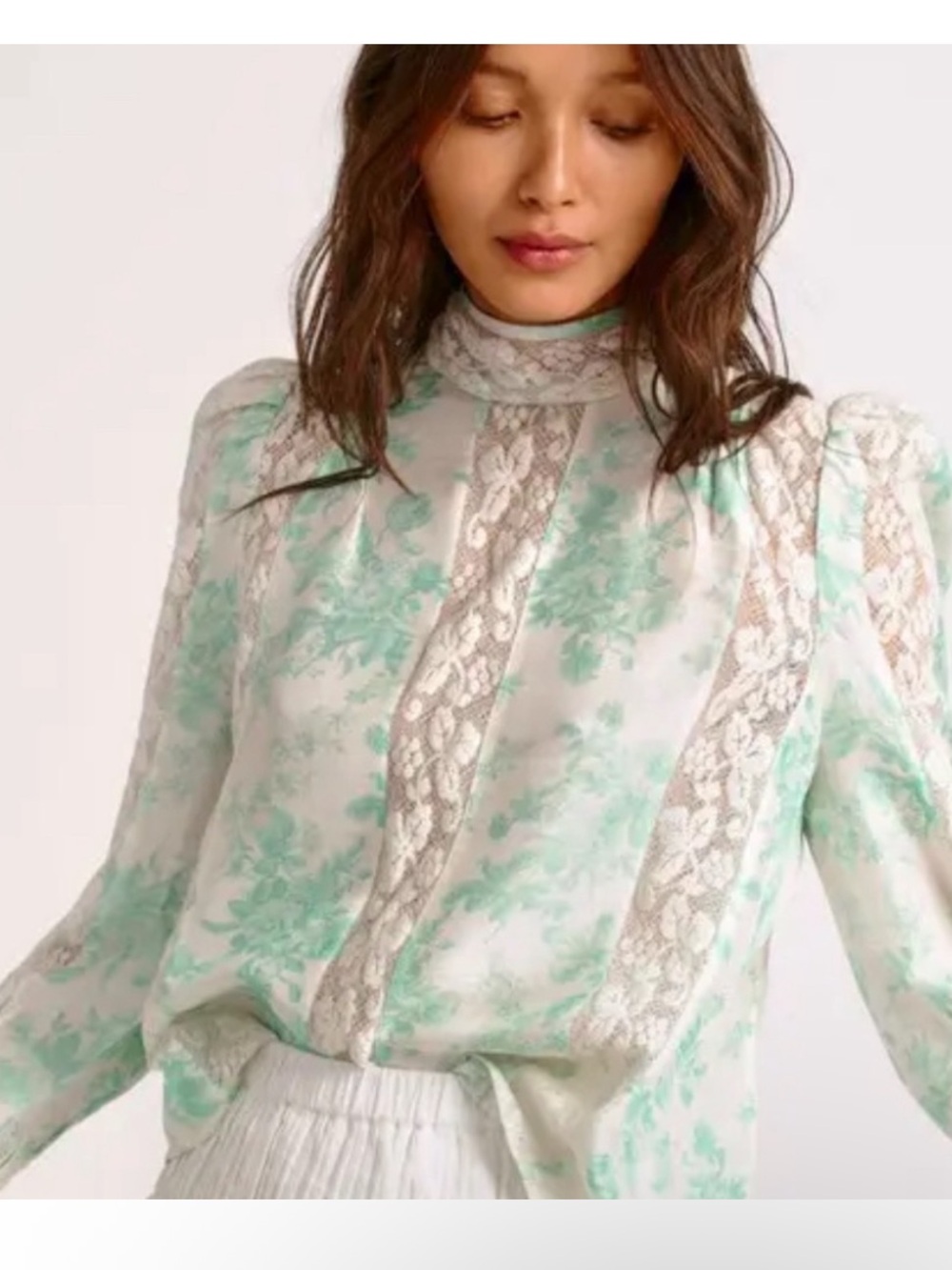 LoveShackFancy Mint Green Floral Lace-Trim High Neck Blouse